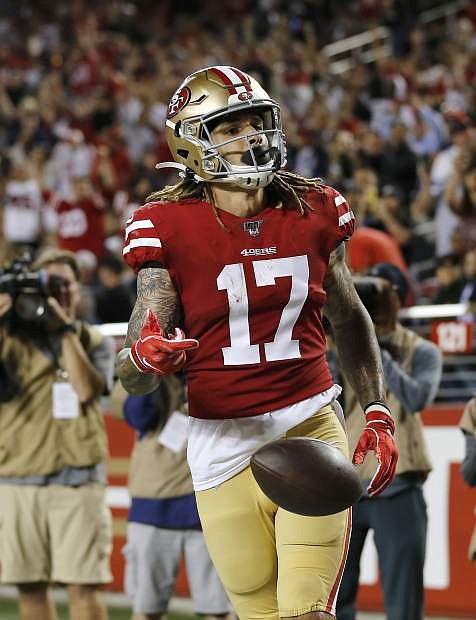 San Francisco 49ers wide receiver Jalen Hurd celebrates after scoring against the Dallas Cowboys during the second half of an NFL preseason football game in Santa Clara, Calif., Saturday, Aug. 10, 2019. (AP Photo/Josie Lepe)