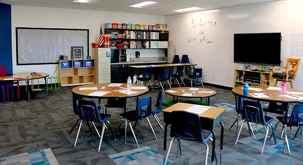 A Mark Twain Elementary School classroom awaits students during recess Monday on the first day of the 2019-20 school year. The school received about 13,000 square feet in additional space this summer with capital projects work that was completed and four portables were taken away from the campus.