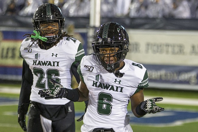 Hawaii wide receiver Cedric Byrd II (6) reacts after scoring a touchdown against Nevada in the first half of an NCAA college football game in Reno, Nev. Saturday, Sept. 28, 2019. (AP Photo/Tom R. Smedes)