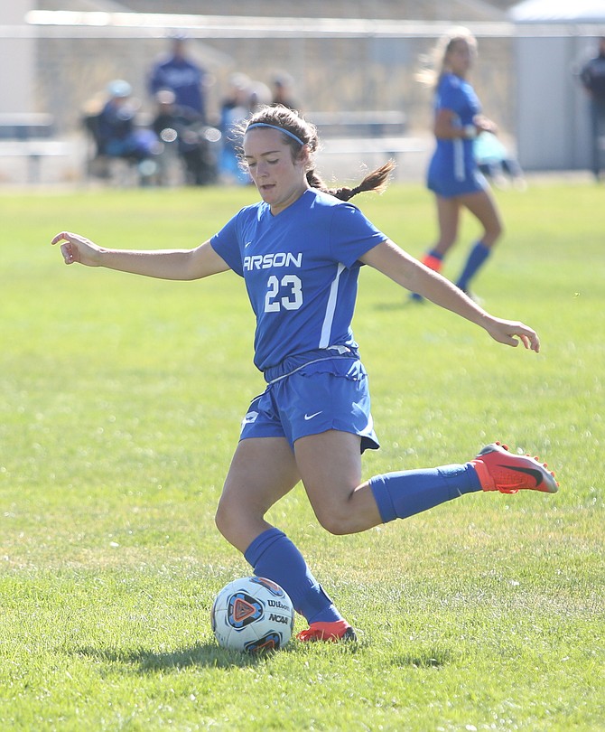 Madison Rabideau takes a shot from 25 yards out Saturday against Damonte Ranch. 