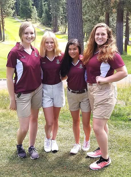 The Sierra Lutheran girsl golf team poses at their meet at Incline last Thursday. The Falcons finished first as a team with a score of 199.