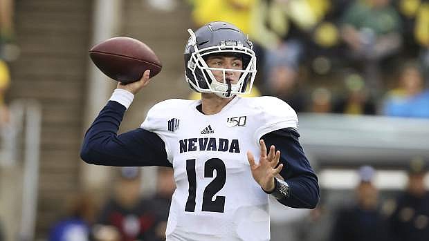 Nevada&#039;s Carson Strong throws down field during the game at Oregon on Sept. 7 in Eugene, Ore.