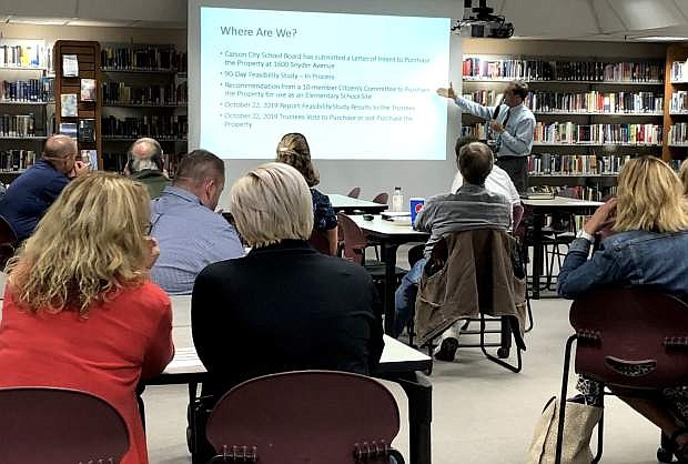 Carson City School Superintendent Richard Stokes gives a presentation on 1600 Snyder Ave. at a quarterly Professional Learning Community meeting Wednesday in the Carson High School library.