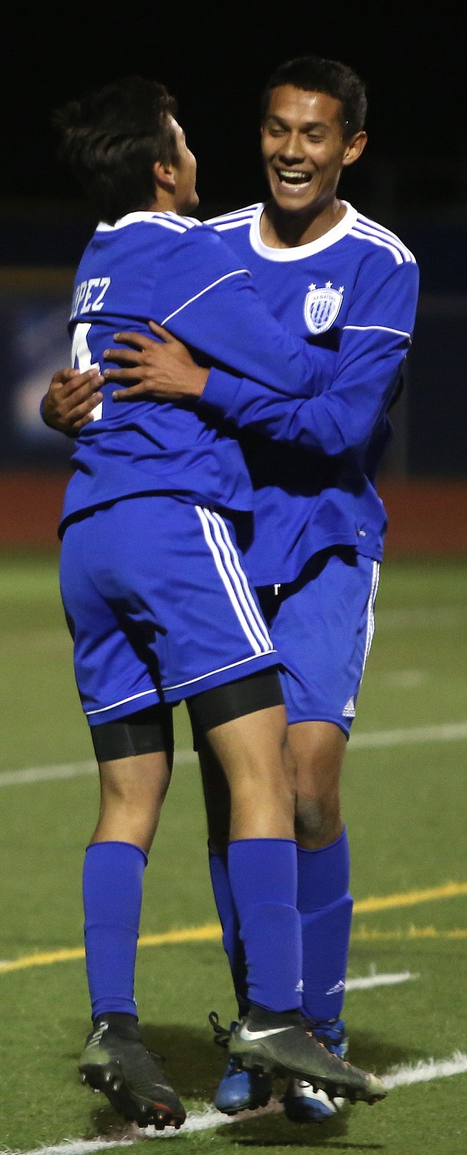 Carson&#039;s Adrian Lopez Meras (4) and Kristian Chicas (18) celebrate after Lopez Meras&#039; goal in the second half. Chicas went on to score as well for the Senators. 