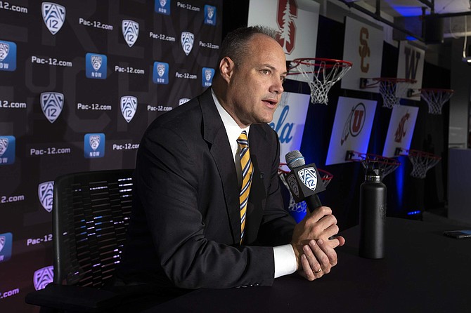 California head coach Mark Fox speaks during the Pac-12 NCAA college basketball media day Tuesday, Oct. 8, 2019 in San Francisco. (AP Photo/D. Ross Cameron)