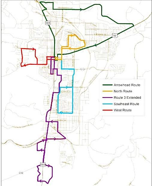 A new Jump Around Carson plan calls for two new bus routes, one serving southeast Carson City, shown in blue, and another serving the Northridge area, shown in yellow.