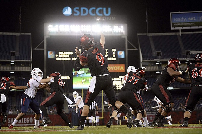 San Diego State quarterback Ryan Agnew (9) throws a pass against Fresno State during the second half of an NCAA college football game Friday, Nov. 15, 2019, in San Diego. San Diego State won 17-7. (AP Photo/Orlando Ramirez)