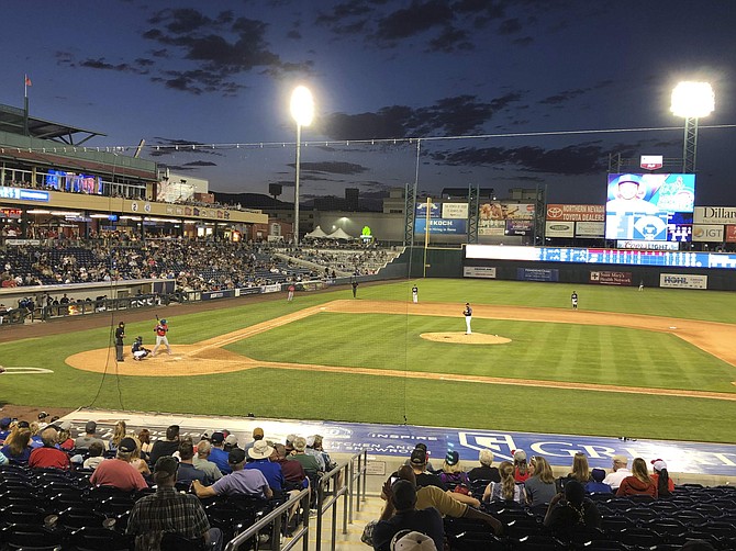 This photo taken Aug. 1, 2019 during a Pacific Coast League baseball game between the Reno Aces and Iowa Cubs at Greater Nevada Field in Reno shows the protective netting that will be extended to the foul poles for the 2020 season. Aces President Eric Edelstein announced Wednesday, Nov. 13, 2019 the installation of the extended netting will begin sometime in December. He says safety is the team&#039;s top priority. (AP Photo/Scott Sonner).