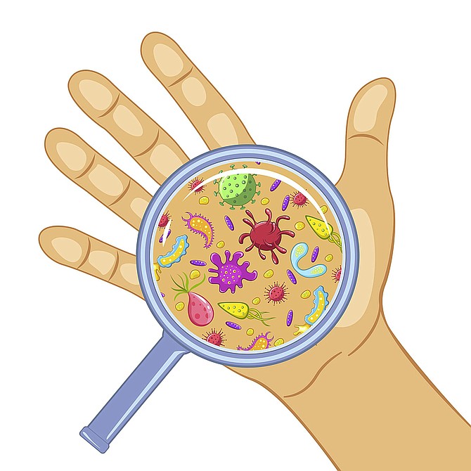 Germs on a dirty hand. Bacteria under magnifier, hand washing and hygiene campaign poster. Vector flat style cartoon illustration isolated on white background