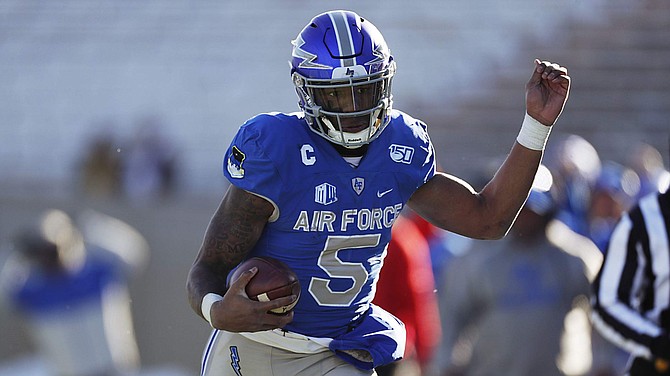Air Force quarterback Donald Hammond III (5) in the second half of an NCAA college football game Saturday, Nov. 30, 2019, at Air Force Academy, Colo. Air Force won 20-6. (AP Photo/David Zalubowski)
