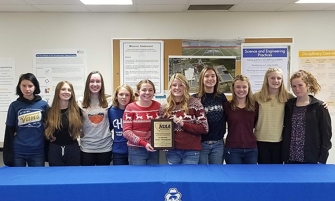 The Carson High School Girls Cross Country team, from left, includes Isabel Cartier, Ava Brehm, Katie Schulze, Sydney Romeo, Hailey Ponczoch, Hannah Kaiser, Claire Cartier, Julia Kaiser, Sami Schofield and Ginger Cullom.