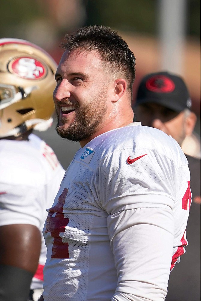 San Francisco 49ers offensive tackle Joe Staley smiles during practice in Santa Clara, Calif., on Friday.