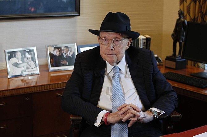 Former U.S. Sen. Harry Reid listens during an interview Wednesday, Feb. 19, 2020, in Las Vegas. (AP Photo/John Locher)