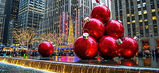 The holiday season in New York City is pure magic. Shown are the decorations across from Radio City Music Hall.