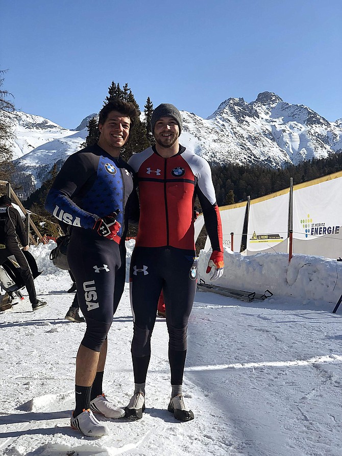Carson City native Chase Blueberg poses for a photo in St. Moritz, Switzerland alongside his driver Tyler Hickey. Blueberg and Hickey competed in Switzerland as well as Germany and Austria over the past few weeks for Team USA Bobsled.