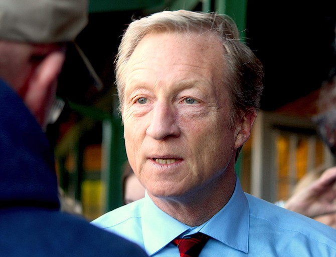 Steyer stops and talks to a resident on his way into JJ&#039;s Mexican Food on Tuesday.