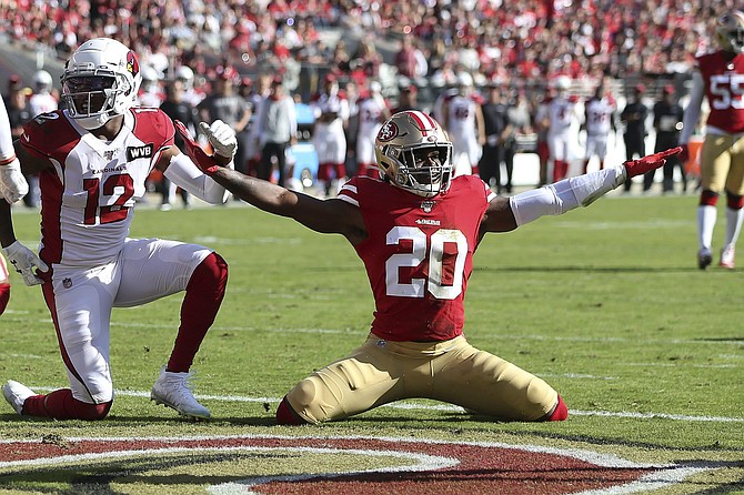 San Francisco defensive back Jimmie Ward celebrates a stop during the 49ers 36-26 win against the Arizona Cardinals in a NFL football game Sunday, Nov. 17, 2019 in Santa Clara, CA. (Daniel Gluskoter/AP Images for Panini)
