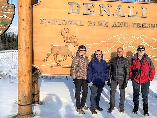 The four intrepid travelers who braved the cold, snow, ice to watch their first Iditarod race in Alaska in early March. From left: Jan Doescher, Sandra Rokoskie, J.C. McKendrick and photographer Trent Pitsenbarger.