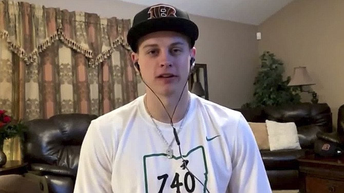 In this still image from video, LSU quarterback Joe Burrow appears in The Plains, Ohio, during the NFL draft April 23. Burrow was the top pick in the draft.