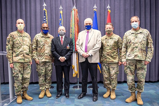 Nevada Gov. Steve Sisolak, third from right, took time out to recognize the Army&#039;s 245th Birthday and Flag Day on Friday in Carson City with, from left, Command Sgt. Maj. Michael Spaulding, Maj. Gen. Ondra Berry, keynote speaker retired 1st Lt. Andy LePeilbet, Brig. Gen. Michael Hanifan and Brig. Gen. Zachary Doser. LePeilbet is a rare Distinguished Service Cross recipient who won the award for his heroic actions in Vietnam in the late 1960s.