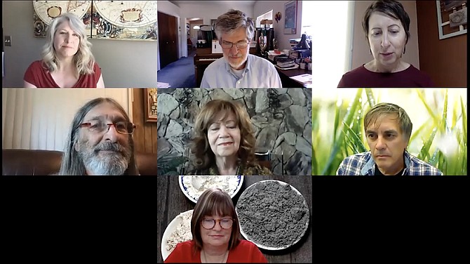 Rita Geil (center) and other poet/readers read a poem by Carl Sandburg, captured in a Zoom conference call, part of &quot;Virtual Jazz &amp; Poetry: Running Out.&quot; Top, from left: Amy Roby, David Bugli, Krista Lukas. Middle: Tom Miller, Rita Geil, Ross Cooper. Bottom: Lori Bagwell.