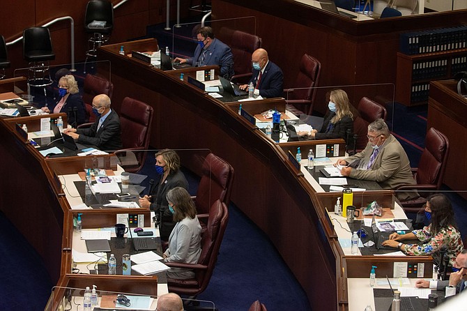 The Nevada Senate chambers on the first day of the 31st Special Session of the Nevada Legislature in Carson City, Nev., on Wednesday, July 8, 2020. (David Calvert/The Nevada Independent)
