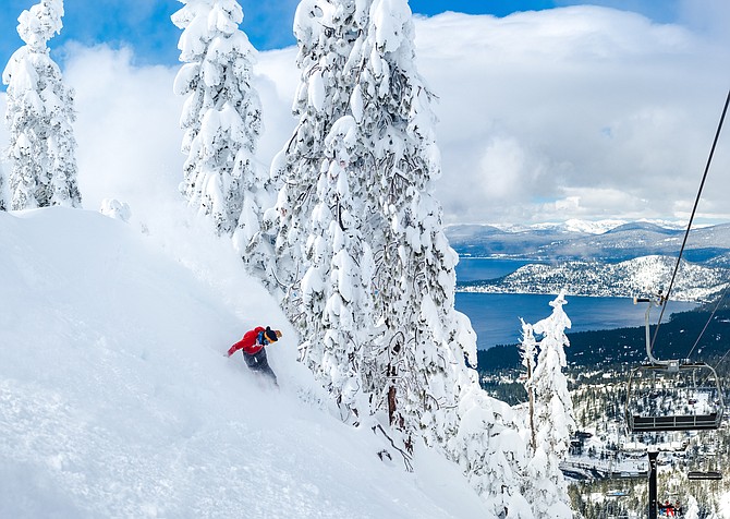 A snowboard glides though fresh powder in 2019 at Diamond Peak Ski Resort in Incline Village.