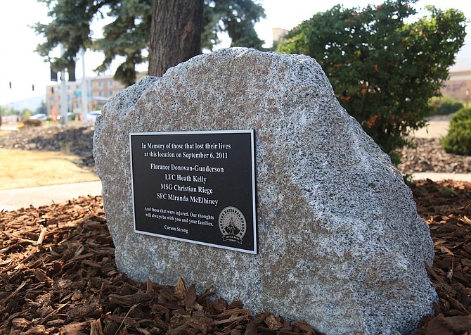 The memorial plaque honoring the four lives lost, including three Nevada Guardsmen, at the IHOP shooting Sept. 6, 2011. 