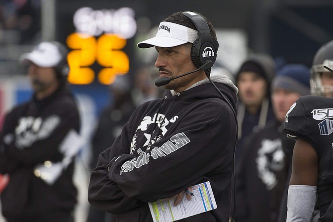 Nevada head coach Jay Norvell on the sidelines against UNLV in the second half of an NCAA college football game in Reno, Nev., Saturday, Nov. 30, 2019. 
