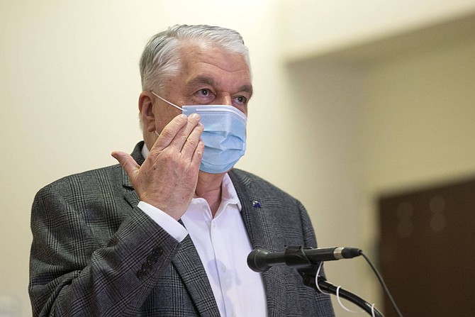 Nevada Gov. Steve Sisolak speaks during a news conference on the state&#039;s COVID-19 response where he announced a 45-day extension on the state&#039;s residential eviction moratorium Monday, Aug. 31, 2020, in Las Vegas. (Ellen Schmidt/Las Vegas Review-Journal via AP, Pool)