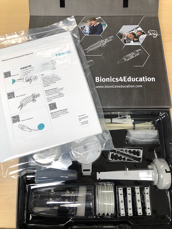 Bionic animals and the kit that students will be building.