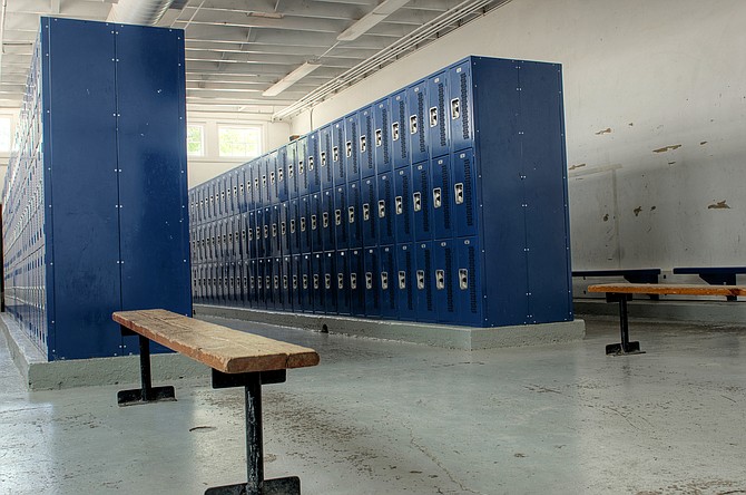 Empty high school locker room.