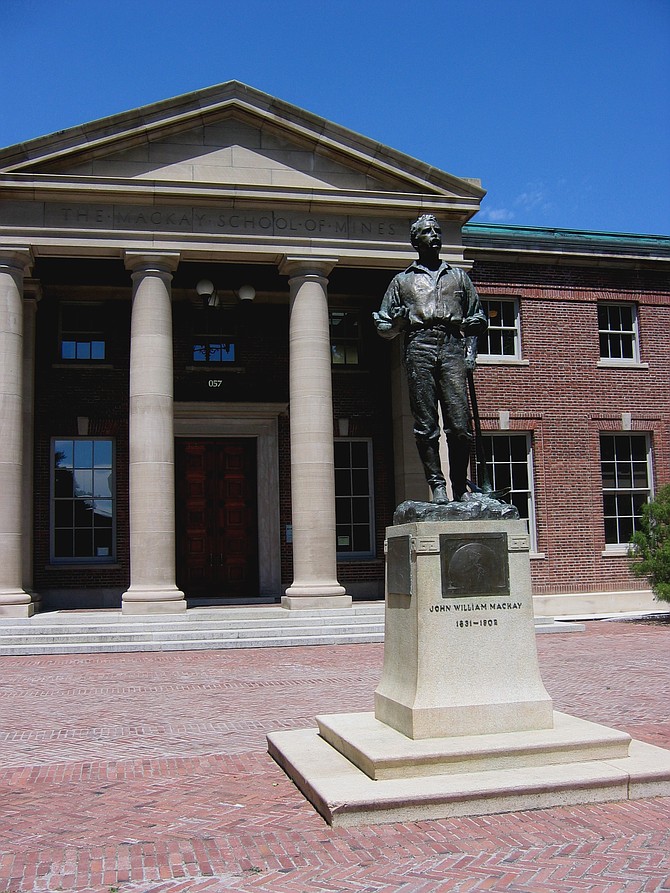 The statue of Comstock mining magnate John Mackay in front of the Mackay School of Mines on the University of Nevada, Reno campus.
