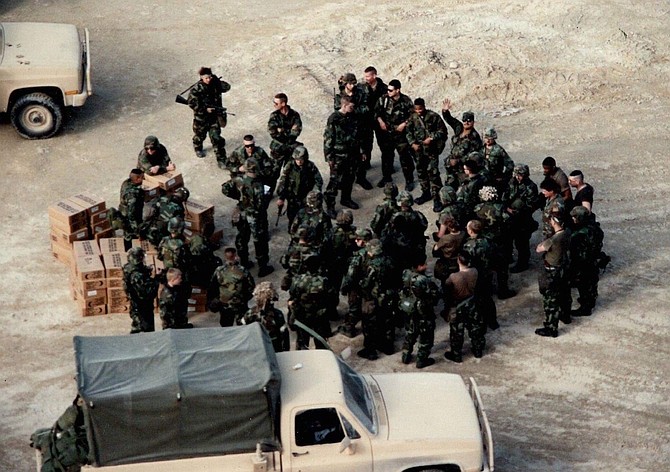 An overhead photo of the platoon shows the first operations brief for a combat patrol on Jan. 18, 1991. The 72nd Military Police Co., of the Nevada Army National Guard deployed to Saudi Arabia earlier that month.