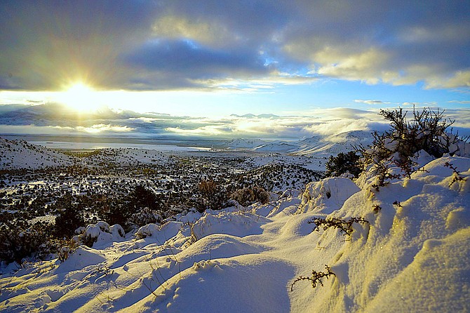Snow blankets Topaz Ranch Estates on Monday morning.