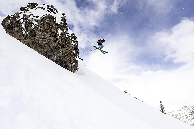 Skier enjoys deep powder in Kirkwood.