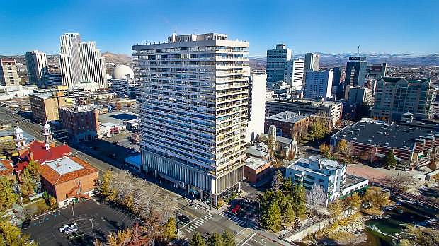 An aerial shot of Arlington Towers, located in the heart of downtown Reno. Reno Engineering owns the first two floors of the building and are currently finishing renovations on the second floor, which will provide space for six business tenants.