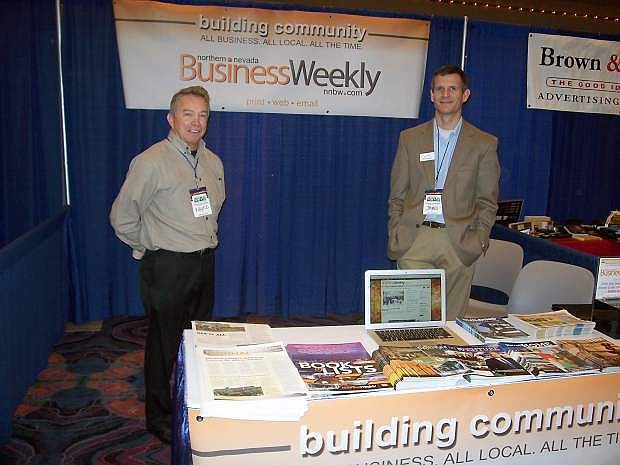 Wayne O&#039;Hara, left, business development manager, and James Arden, general manager, staff the Northern Nevada Business Weekly&#039;s booth at the The Chamber&#039;s Northern Nevada Business Summit, on Nov. 5 at The Nugget in Sparks.