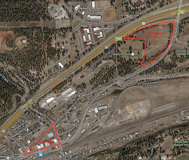 This illustration shows the Barsell property&#039;s location, far right, in relation to downtown Truckee, far left.