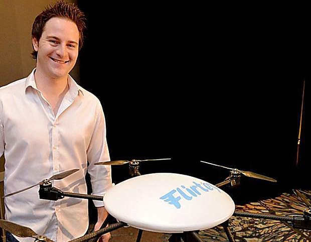Flirtey CEO Matthew Swenney and one of the company&#039;s prototype drones. Flirtey, one of several companies getting off the ground in Nevada, has granted an equity stake to UNR in exchange for the university  providing access to its R&amp;D labs for design, manufacture and research collaboration.