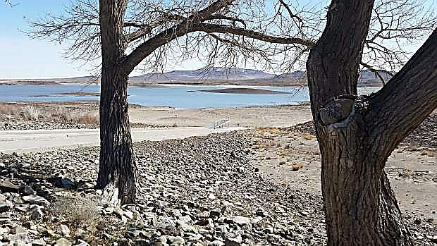 The boat ramp at the Lahontan Reservoir sits yards away from the shoreline.