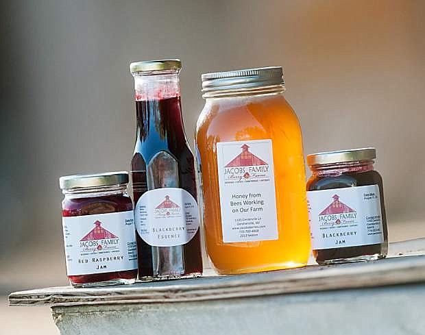 The Jacobs Family products in Gardnerville include essence (syrup), jams, and honey from bees working the farm.