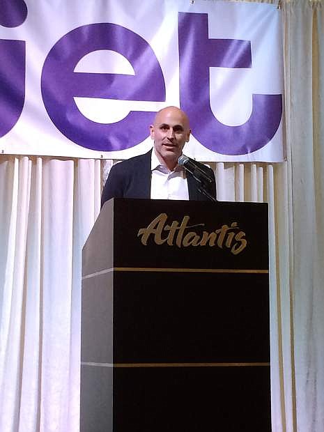 Marc Lore, founder and CEO of Jet.com, thanks the audience at Atlantis Casino Resort Spa attending a welcome reception for the e-commerce company that recently opened a distribution center in Tahoe Reno Industrial Center.