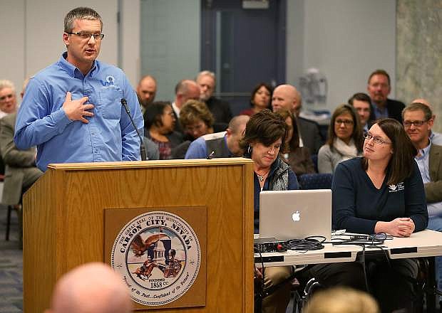 Western Nevada College instructor Sven Klatt speaks at a joint meeting of the Carson City Board of Supervisors, Carson City School Board and the Carson City Library Board of Trustees in Carson City, Nev., on Thursday, Feb. 19, 2015. City officials came together to support a technology program offered through the library.
