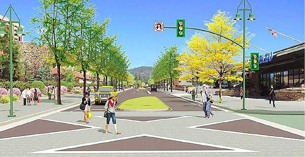 Proponents of the Highway 50 South Shore Community Revitalization Project, pictured in this concept drawing, say the plan would create a more pedestrian-friendly downtown corridor and ease traffic congestion.