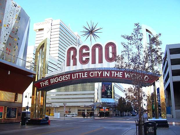 The casino corridor in Downtown Reno is seen through the iconic Arch.