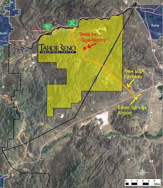 The path of the USA Parkway extension through the Tahoe Reno Industrial Center in this map shows it&#039;s terminus on U.S. Highway 50 just southwest of the Silver Springs Airport, which is undergoing a new master plan planning process to prepare it for future growth.