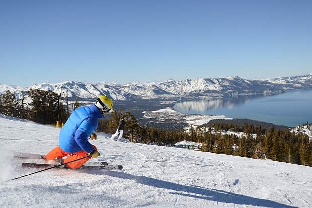A skier carves a fresh groomer at Heavenly Mountain Resort. With significant snowfall this winter, western destination resorts are reporting an over 20-percent increase in lodging occupancy.