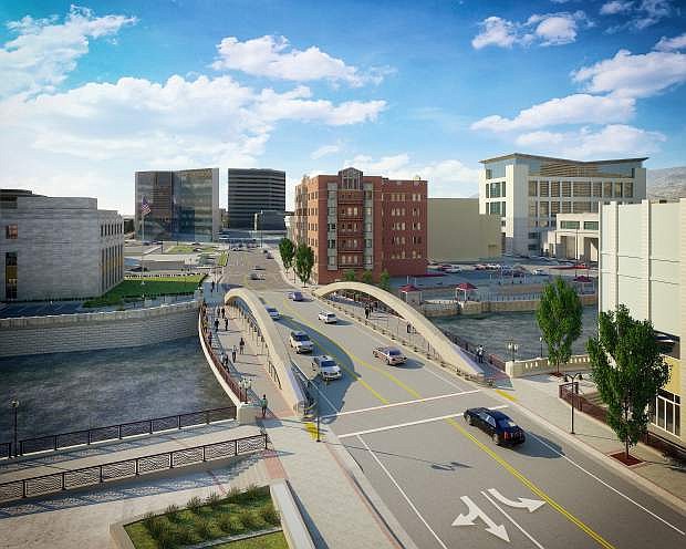 The above rendering of the new Virginia Street Bridge depicts the finished project. The City of Reno will be holding a ribbon cutting ceremony Tuesday, April 12 at 11 a.m. to mark the historic occasion.