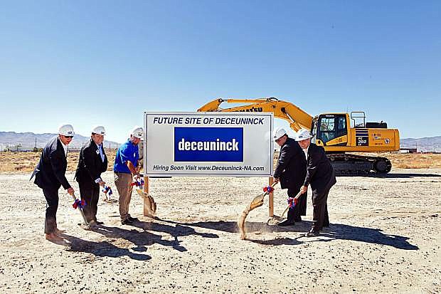 The ceremonial groundbreaking a year ago at the site of the Deceuninck manufacturing facility in Fernley included, from left, Tom Debusschere, former CEO, Deceuninck Global, Scott Gunnell, senior supply chain manager, Deceuninck North America (DNA) and project manager for the Fernley project;, Bill Jones, Fernley plant manager, DNA; Fernley Mayor Roy Edgington Jr., and Filip Geeraert, president and CEO, DNA.